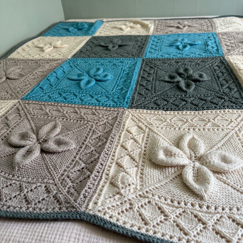 Handmade Knit Throw Blanket 66x66 Blue Grey Cream 3D Floral Granny Square SOFT! - Picture 2 of 13